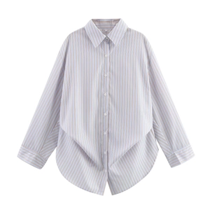 Flat lay of a long-sleeve striped shirt with a unique asymmetric overlapping hem design