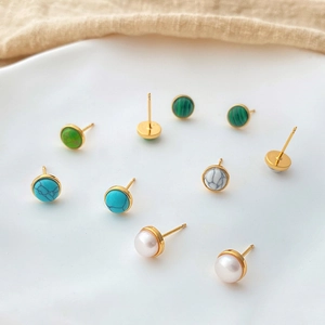 Minimalist Round Stud Earrings 18K Gold Plated Copper Natural Stone Turquoise Malachite Freshwater Pearl Jewelry For Women