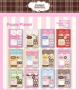 Flat lay of 12 puppy theme calendar stickers for planners with macro details and pastel colors