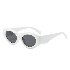 Classic white oval frame sunglasses with dark lenses in a stylish 45-degree angle view