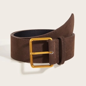 Vintage dark brown suede wide belt for women featuring a large square golden metal buckle