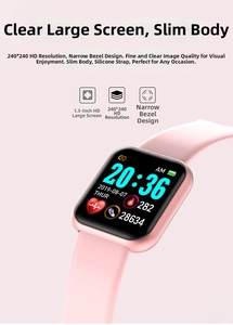 Detail of Y68 pink smart watch featuring a 1.3-inch narrow bezel display and heart rate sensor