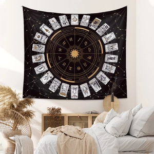 Bohemian black and gold zodiac tapestry featuring tarot patterns for bedroom wall decor