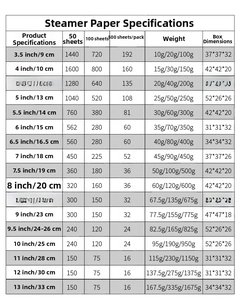 Size chart for non-stick steamer paper liners ranging from 3.5 to 13 inches in diameter