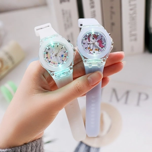 Luminous kids quartz watches with cartoon unicorn dial and soft silicone straps