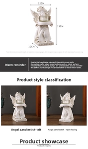 Detailed retro ivory resin angel candle holder with vintage stone texture and glass cup