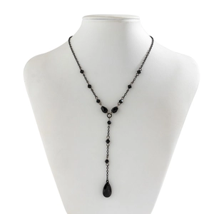 Detailed view of Gothic Y-necklace with black multifaceted beads and teardrop pendant