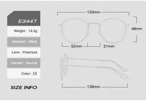 Detailed size specifications for E3447 vintage round polarized metal sunglasses