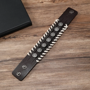 Men's retro wide brown leather bracelet with silver cross studs and woven rope details