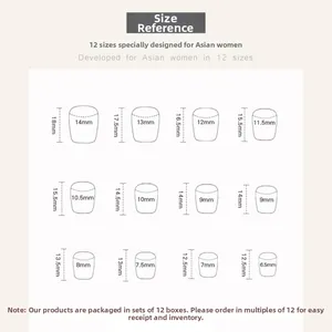 Size chart showing 12 sizes of short ballet press-on nails for Asian women's nail beds