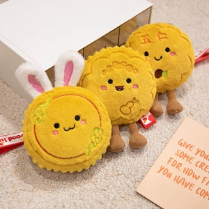 Cute bunny mooncake plush charms with embroidery details and Good Luck labels