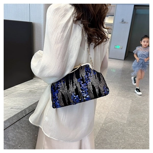 Detail of sequin evening bag with silver kiss-lock frame and metal chain strap