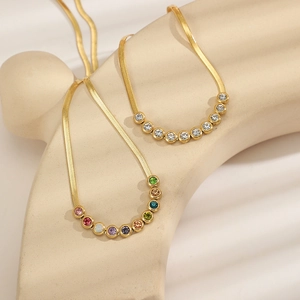 Elegant 18K gold herringbone snake chain necklace with colorful round crystals for women