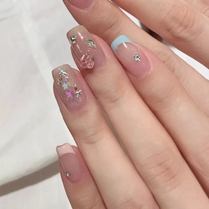 Handmade Press On Nails Sweet Pink Jelly French Tip With Resin Heart Rhinestone Star Glitter DIY Manicure For Women