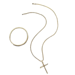Punk style men's necklace set featuring a golden nail cross pendant and metal ring bracelet