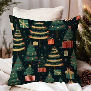 Dark green Christmas tree pillow case displayed with festive pine cones and lights decor