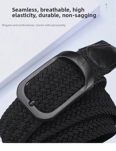 Détail de la ceinture tressée élastique noire avec boucle métallique mate et texture