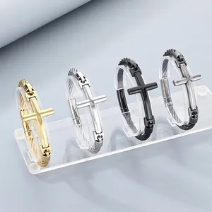 Stainless Steel Cross Bangle For Men Twisted Cable Wire Bracelet Religious Punk Rock Jewelry Trendy Metal Wristband