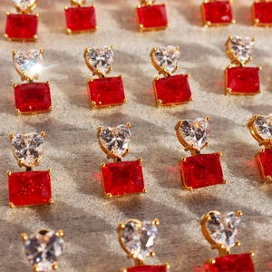 Brass Heart Zirconia Red Square Stone Stud Earrings For Women With 925 Sterling Silver Post Elegant New Year Jewelry Gift