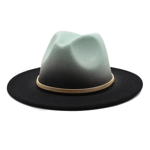 Detail view of the mint green gradient wool felt fedora with a gold braided band decoration