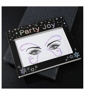 Close-up of iridescent butterfly resin rhinestone face jewels on Party Joy packaging