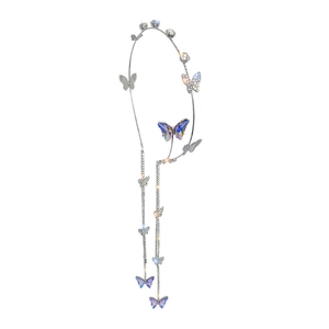 Elegant silver butterfly headband with colorful crystals and long tassel chains on white base