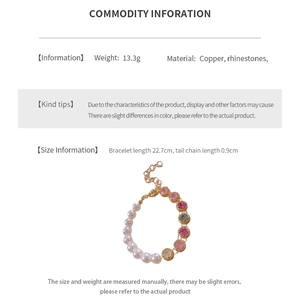 Detailed specs of the vintage pearl and rhinestone bracelet showing dimensions and copper material