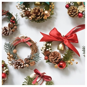 Detailed view of handmade Christmas wreaths with pine cones, bells and festive bows