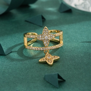 Golden double-layer open ring with sparkling zircon and clover pendant charm