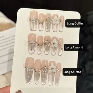 Faux Ongles Faits À La Main Effet Œil De Chat French Tip Blanc Avec Fleurs 3D Zircon Strass Künstliche Perle Ongles Artificiels De Luxe