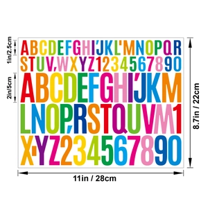 Detailed size guide for multi-color vinyl alphabet stickers in 1 and 2 inch sizes