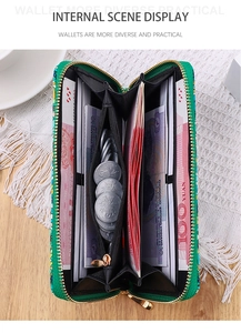 Internal view of green long wallet showing multiple card slots and zipper coin pocket