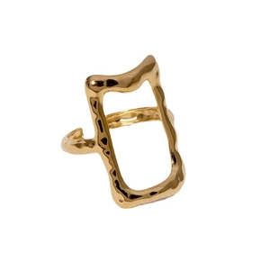 Vintage geometric gold stainless steel wide open ring with irregular lava texture