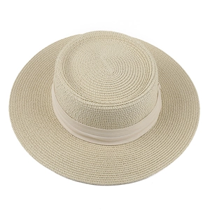 Women's beige flat top straw boater hat with wide ribbon for summer sun protection