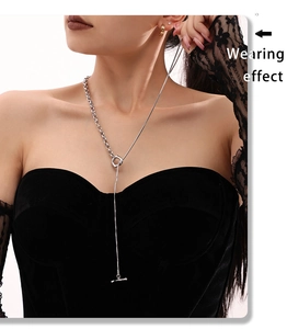Wearing effect of long silver stainless steel lariat necklace with OT toggle clasp