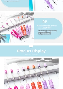 Detail of DIY beaded ballpoint pens with pink rabbit and heart pattern designs