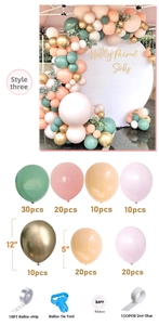 Balloon arch kit details showing sage green pink balloons and assembly tools set