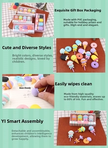 Detail of assorted cartoon dessert erasers in a gift box featuring 3D puzzle design