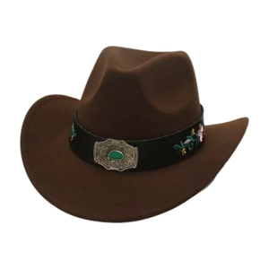 Brown vintage western cowboy hat with floral embroidery and turquoise silver buckle