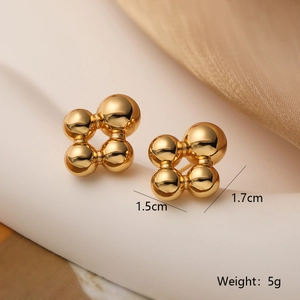 Detailed view of gold-plated geometric cluster earrings with weight and size specifications