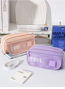 Large capacity canvas pencil case with multiple layers and side handle for students