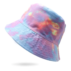 Tie-dye cotton bucket hat for men and women featuring vibrant blue pink and yellow swirls