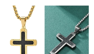 Macro shot of gold and silver cross pendants featuring black carbon fiber texture inlays