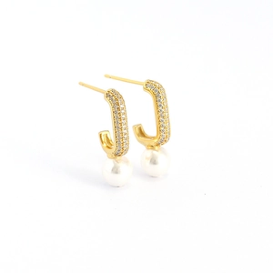 Elegant gold C-shaped pearl stud earrings with sparkling crystals for a luxury look