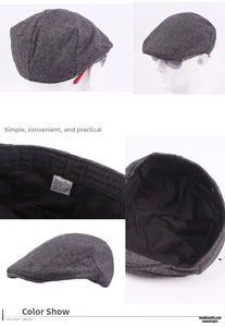 Detail view of herringbone flat cap featuring 30% cotton lining and size 58 label