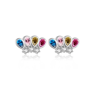 Close-up of crown-shaped S925 silver stud earrings with colorful zircon and small diamonds