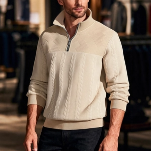 Men's retro beige knit sweater with stand collar zipper and textured cable knit pattern