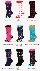 Detail view of 9 compression socks featuring colorful heart, dot, and argyle patterns