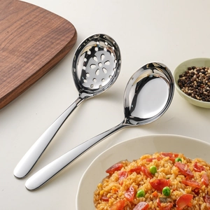 Set of 304 stainless steel soup and slotted spoons with a polished silver finish