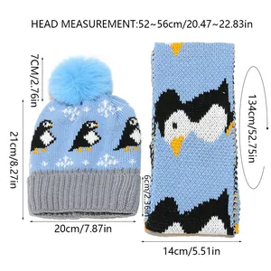 Detailed size chart for the kids knitted penguin hat and scarf set in light blue color